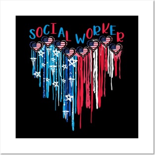 Social Worker American Flag Melting Heart 4th Of July Posters and Art